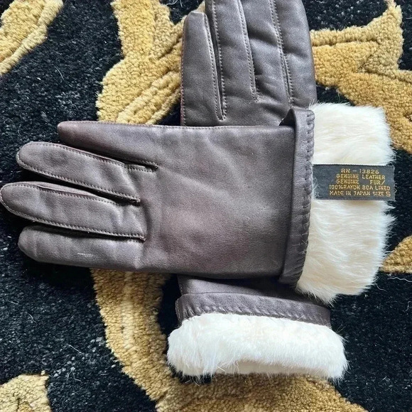 Vintage Brown Leather Gloves NWOT Fur Lining Made in Japan Small - Picture 4 of 7